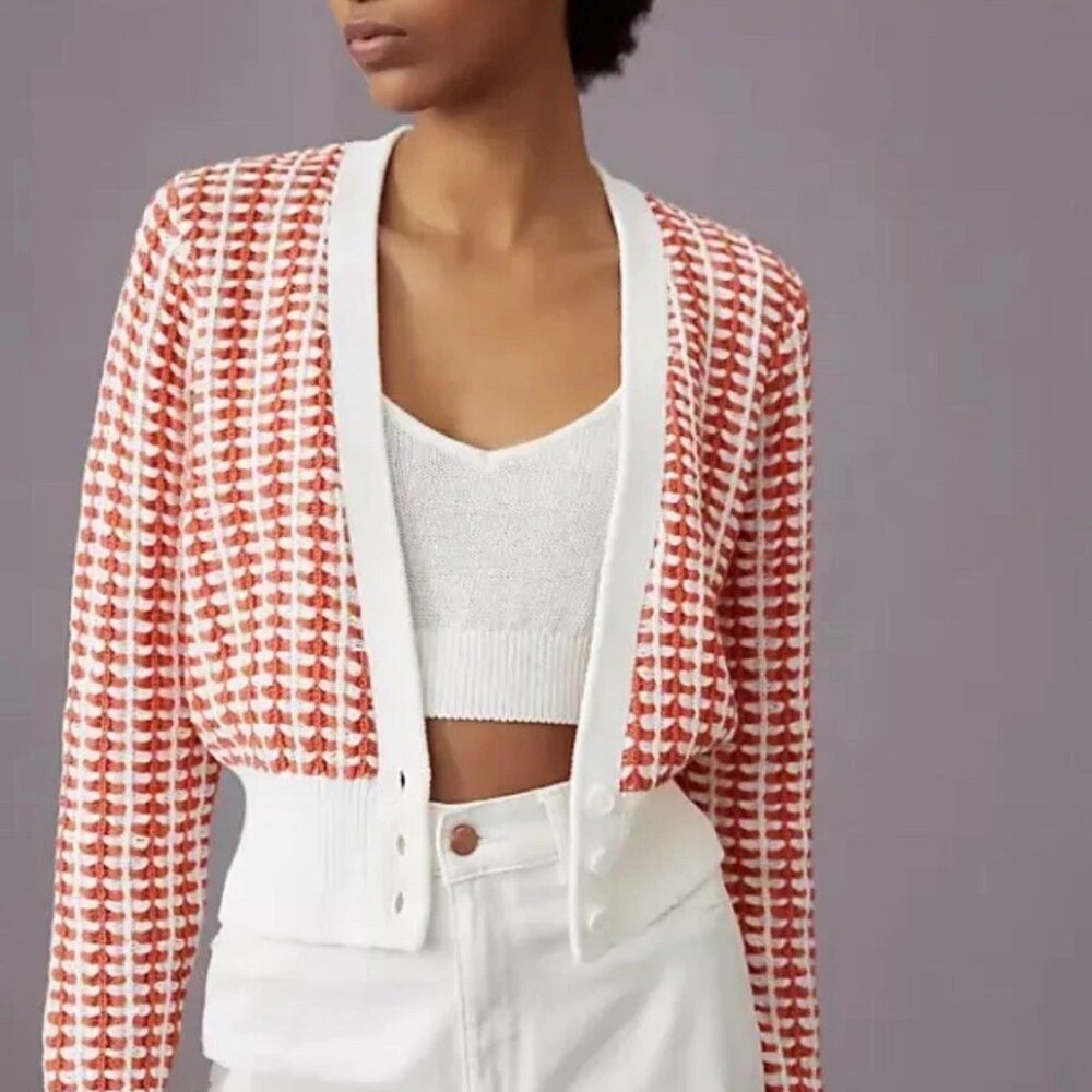 Maeve Anthropologie Red White Textured Knit Cropped Cardigan‎ Sweater XL - Picture 1 of 10